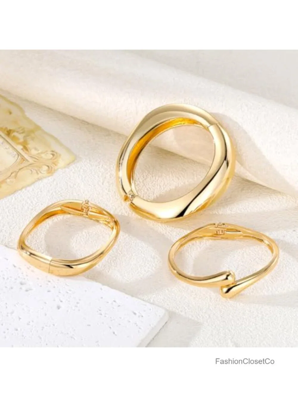 14K Gold Plated Stackable Open Cuff Bangle Bracelet Set, Adjustable Link